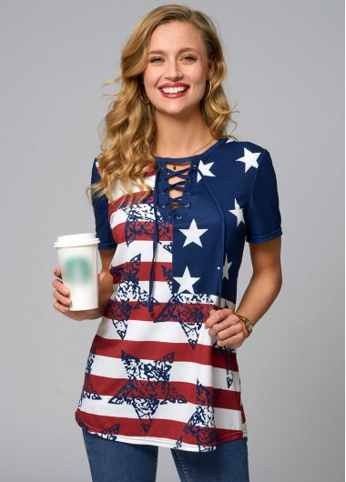 Modlily American Flag Print Lace Up T Shirt - XL