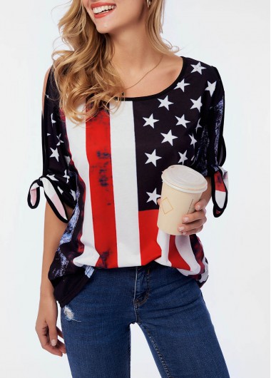 Modlily American Flag Print Cold Shoulder T Shirt - XL