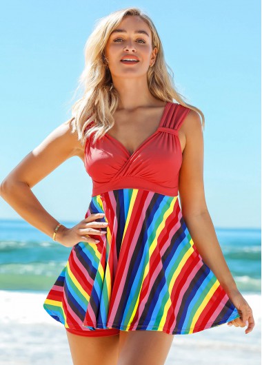 women clothes image of Surplice Mid Waisted Striped Multi Color Tankini Set