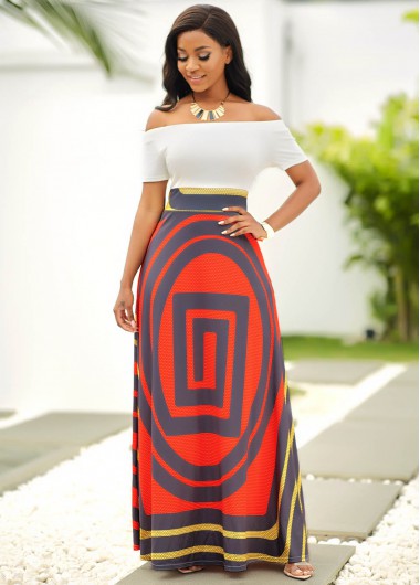 Modlily Off Shoulder Short Sleeve Geometric Print Dress - XL