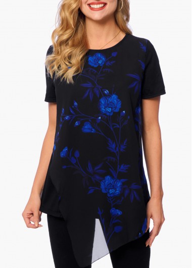 Modlily Floral Print Asymmetric Hem Short Sleeve T Shirt - M