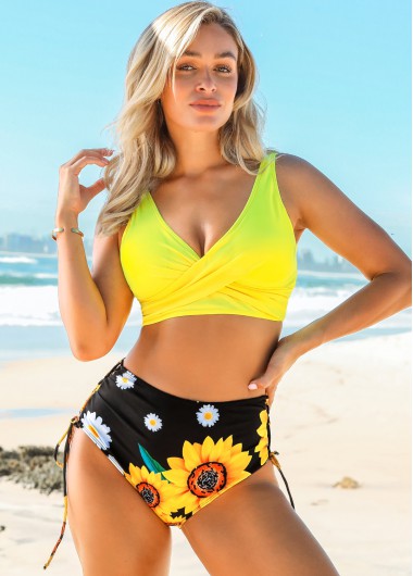 Modlily Sunflower Print High Waisted Lace Up Bikini Set - L