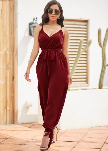 Modlily Belted Spaghetti Strap Slit Leg Jumpsuit - XXL