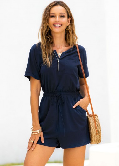 Modlily V Neck Drawstring Waist Pocket Romper - XL
