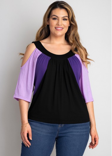 Modlily Plus Size Contrast Cold Shoulder T Shirt - 2X