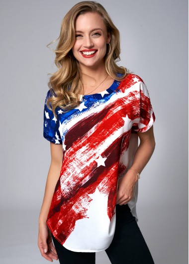 Modlily American Flag Print Round Neck Short Sleeve T Shirt - M