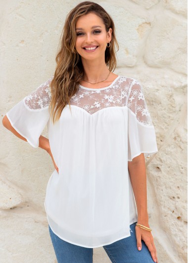 Modlily Lace Stitching Round Neck Short Sleeve Blouse - XL