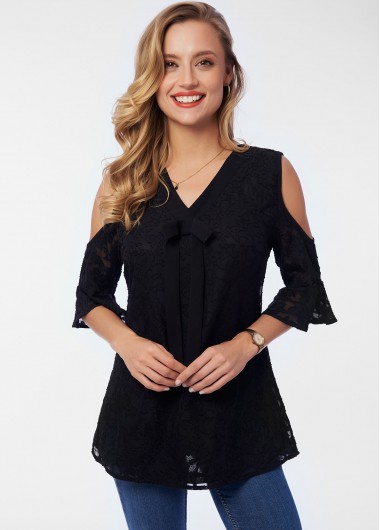 Modlily Lace Cold Shoulder V Neck Blouse - M