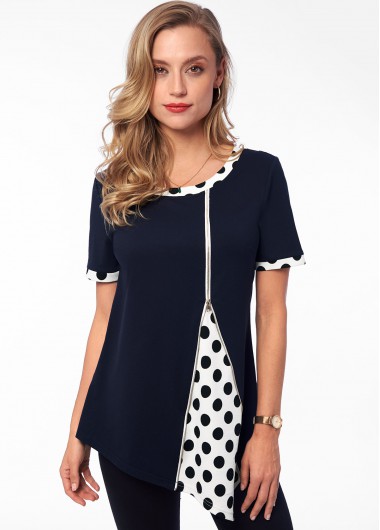 Modlily Polka Dot Asymmetric Hem Short Sleeve T Shirt - L