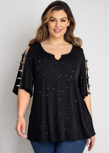 Modlily Plus Size Ladder Cutout Split Neck T Shirt - 2X