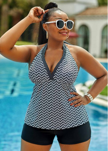 Modlily Lace Up Plus Size High Waisted Geometric Tankini Set - 3X