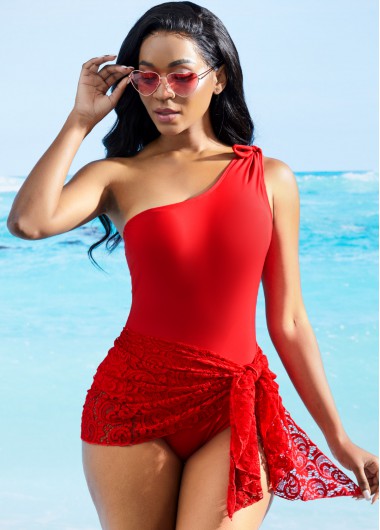 Modlily Lace Stitching Tie Front One Piece Swimdress - L