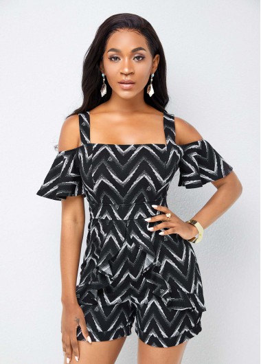 Modlily Chevron Print Cold Shoulder Flare Sleeve Romper - M