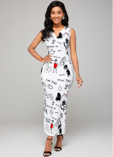 Modlily Illustration Print Split Neck Sleeveless Dress - M