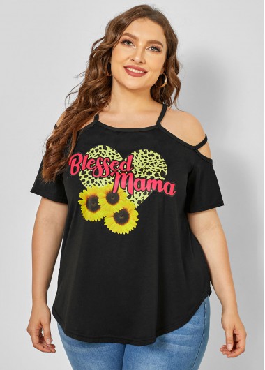 women clothes image of Plus Size Strappy Cold Shoulder Sunflower Print T Shirt