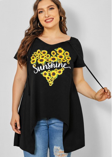 Modlily Sunflower Print Plus Size Asymmetric Hem T Shirt - 2X