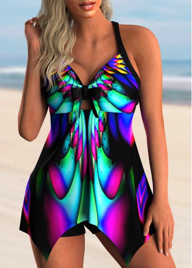 Modlily Colorful Abstract Print Bowknot Swimdress and Shorts - S