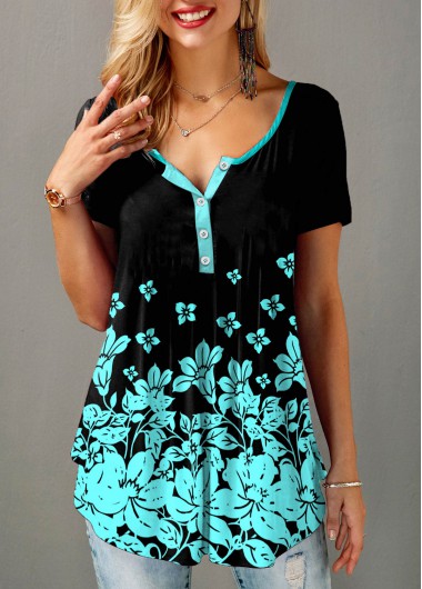 Modlily Floral Print Split Neck Short Sleeve T Shirt - S