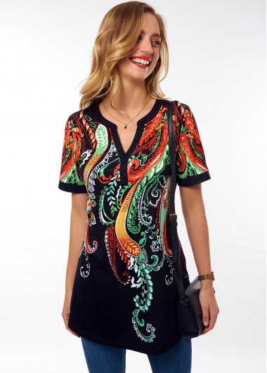 Modlily Split Neck Short Sleeve Tribal Print T Shirt - M