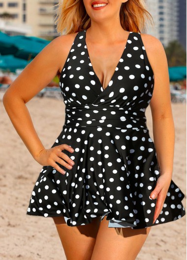 Modlily Plus Size Polka Dot Cross Strap Swimdress and Shorts - 2X