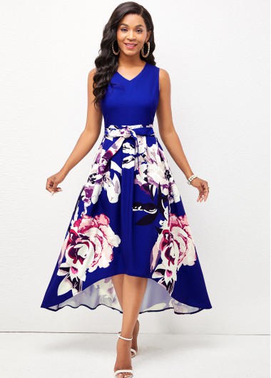 Modlily Floral Print V Neck Dip Hem Dress - S