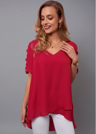 Modlily Cutout Sleeve V Neck Asymmetric Hem Blouse - M