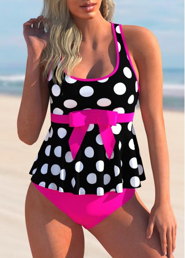 Modlily Polka Dot Contrast Bowknot Tankini Set - M