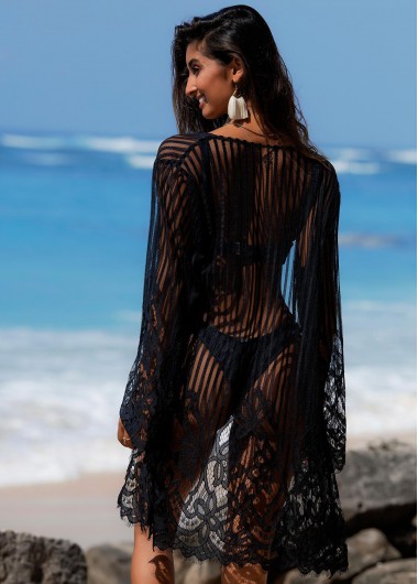 Modlily Long Sleeve Open Front Lace Cover Up - L