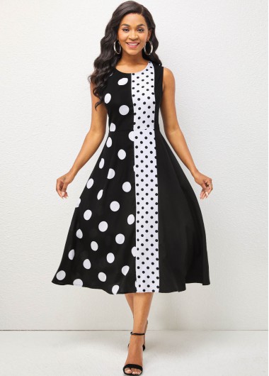 Modlily Polka Dot Fabric Stitching Short Sleeve Dress - M