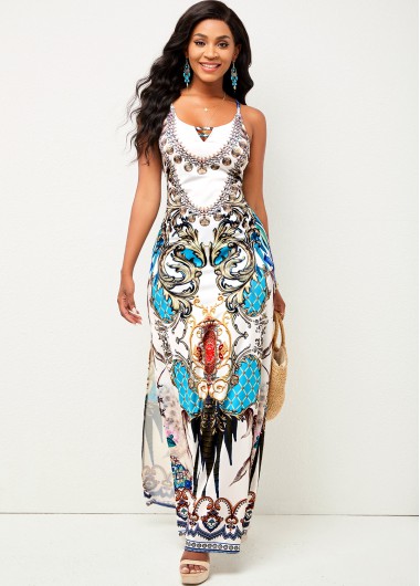 Modlily Cross Strap Tribal Print Sleeveless Dress - L