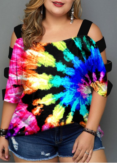 Modlily Plus Size Rainbow Color Multicolor Tie Dye Print Hollow Out Sleeve T Shirt - 3X