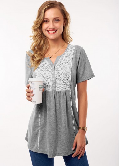 Modlily Lace Stitching Contrast Split Neck T Shirt - M