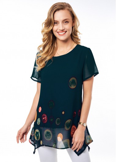 Modlily Geometric Print Asymmetric Hem Short Sleeve Blouse - M