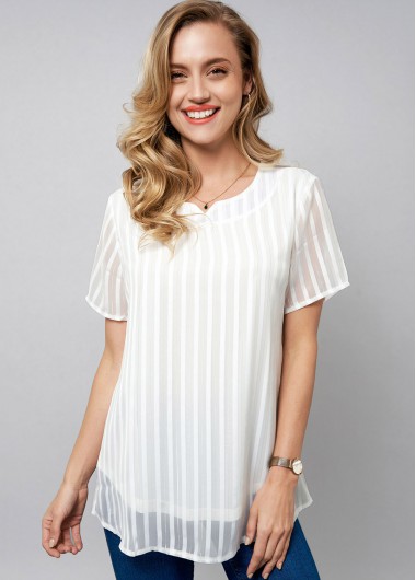 Modlily Striped Short Sleeve Split Neck Blouse - M