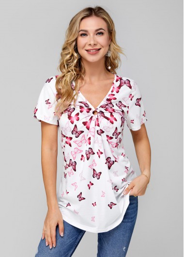 Modlily Butterfly Print V Neck Short Sleeve T Shirt - S