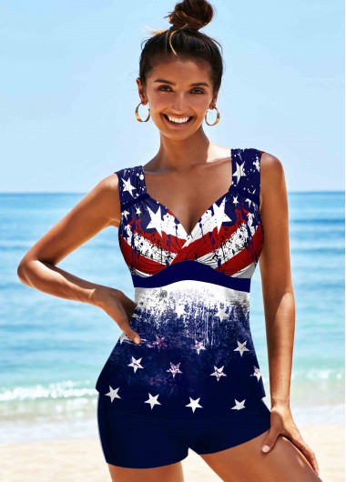 Modlily American Flag Print Wide Strap Tankini Set - L
