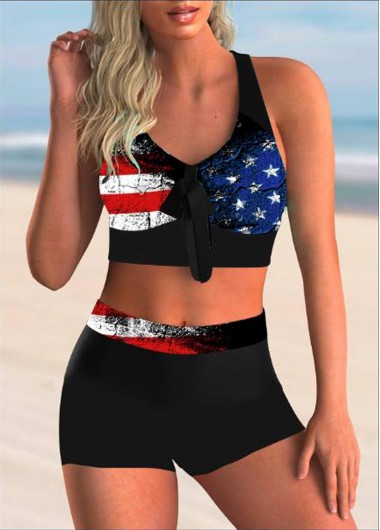 Modlily Independence Day July 4Th American Flag Print High Waist American Flag Print Bowknot Bikini Set - XL