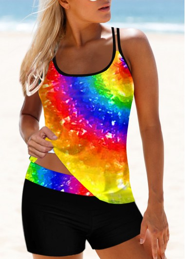 Modlily Spaghetti Strap Rainbow Color Tankini Set - M