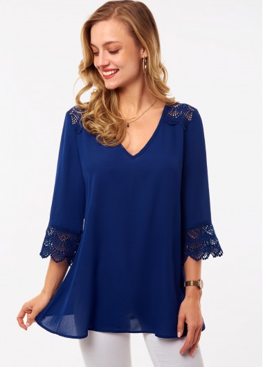Modlily V Neck Lace Stitching 3/4 Sleeve Blouse - XXL