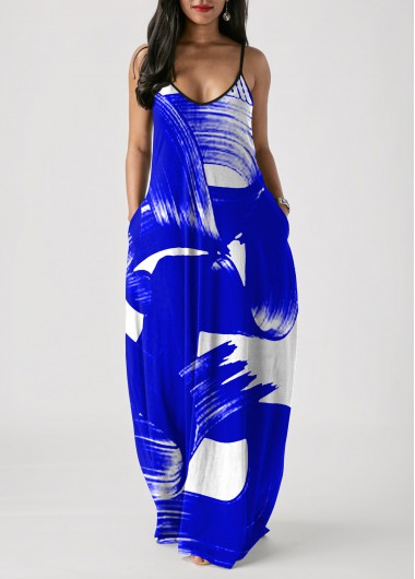 Modlily Printed Spaghetti Strap Pocket Maxi Dress - S