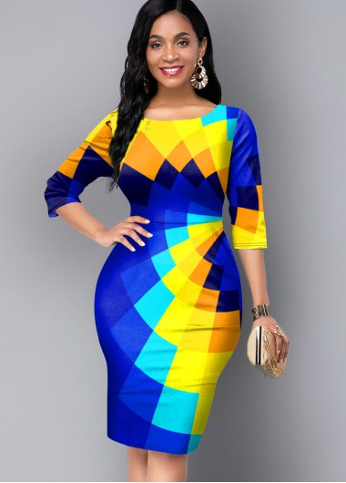 Modlily 3/4 Sleeve Round Neck Geometric Print Dress - M