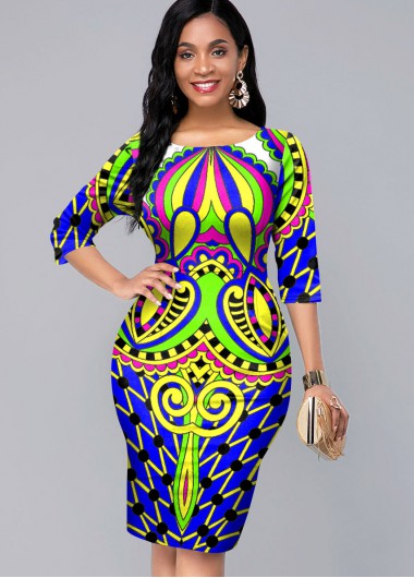 Modlily Tribal Print 3/4 Sleeve Round Neck Dress - M