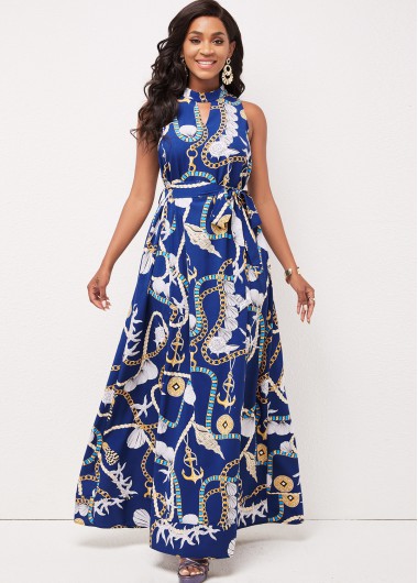 Modlily Gold Chain Print Pocket Sleeveless Swing Dress - S