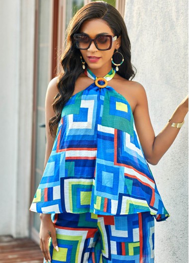 Modlily Halter Sky Blue Patchwork Tie Back Blouse - XL