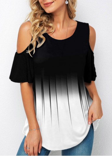Modlily Cold Shoulder Color Block Round Neck T Shirt - M