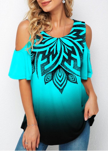 Modlily Cold Shoulder Tribal Print Ombre T Shirt - M