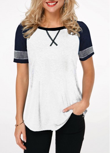 Modlily Contrast Round Neck Short Sleeve T Shirt - M