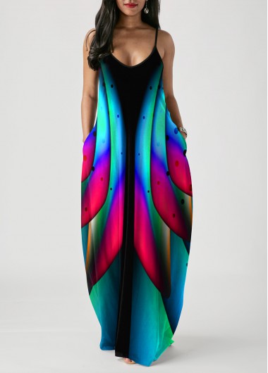 Modlily Colorful Printed Spaghetti Strap Pocket Dress - M