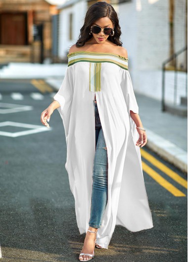 Modlily Off Shoulder High Slit Striped Blouse - XL