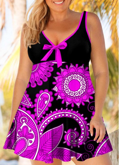 Modlily Plus Size Paisley Print Bowknot Swimdress and Panty - 3X